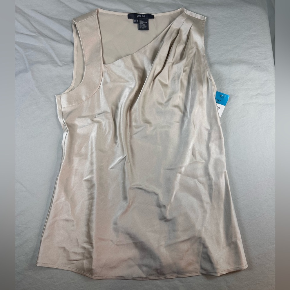 Per Se Sleeveless Blouse Women’s Size 6 Tan Beige Career Silk Top.